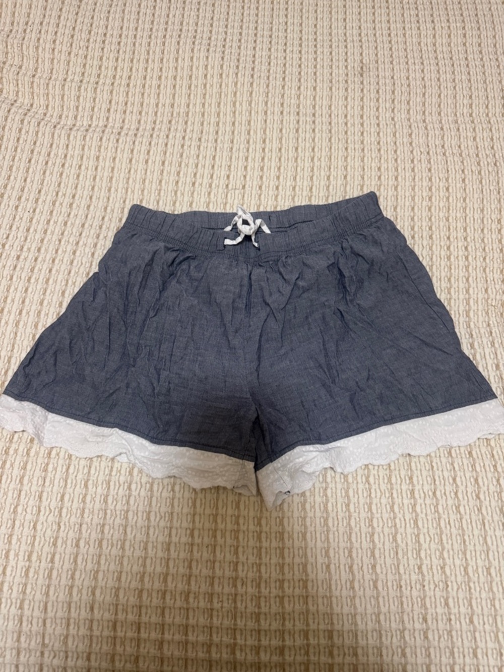 High-Waist Navy Blue Lounge Shorts with White Lace Trim